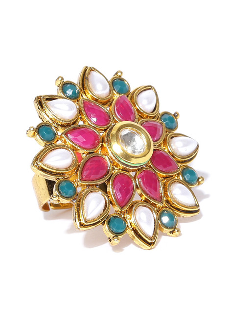 

Spargz Pink Gold-Plated Beaded Stone-Studded Adjustable Floral Ring