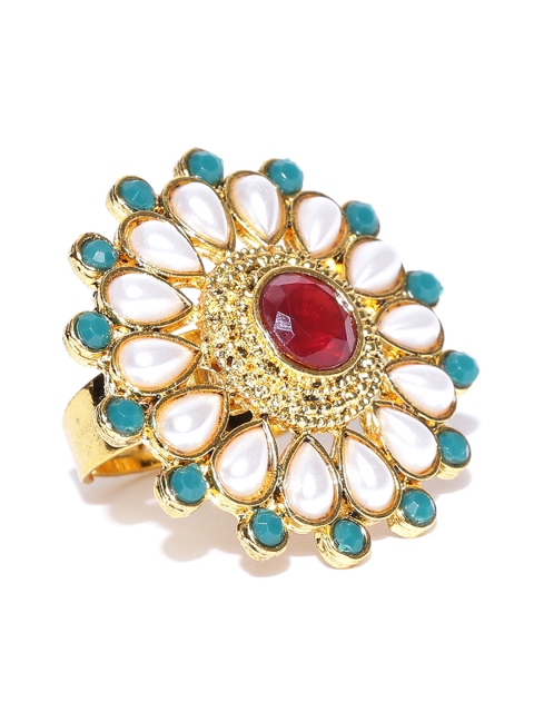 

Spargz Off-White Gold-Plated Beaded Stone-Studded Adjustable Ring