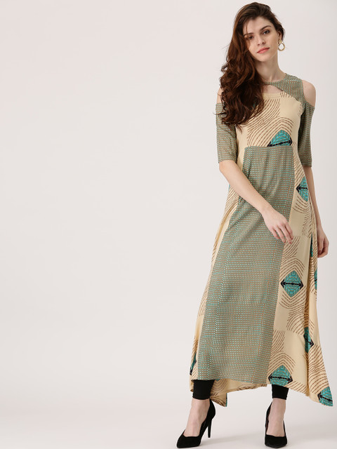 

Libas Women Beige & Green Printed Cold Shoulder Asymmetric A-Line Kurta