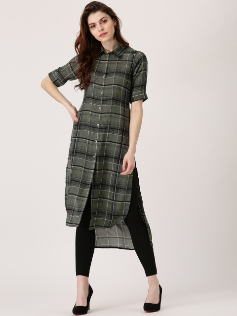 

Libas Women Olive Green & Black Checked Pathani Kurta