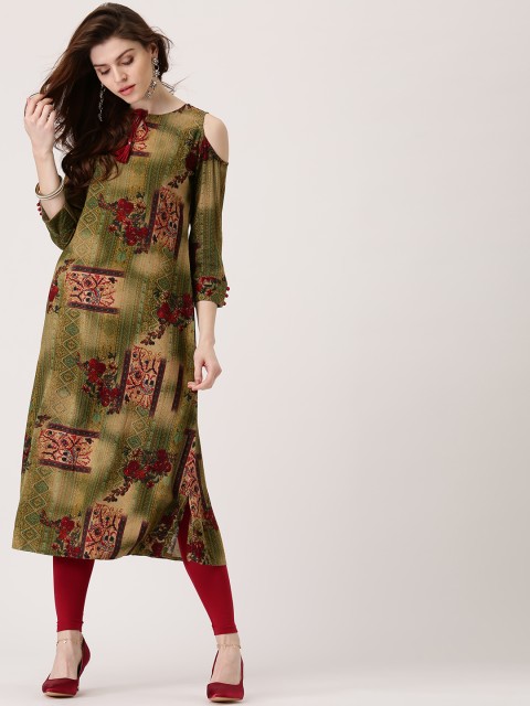 

Libas Women Olive Green & Red Printed A-Line Cold-Shoulder Kurta