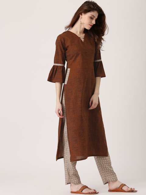

Libas Women Brown & Grey Printed Kurta with Trousers