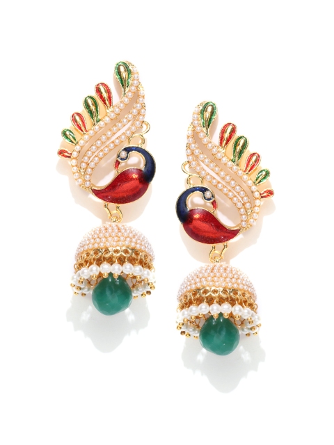 

Jewels Galaxy Off-White & Red Gold-Plated Peacock Shaped Handcrafted Jhumkas