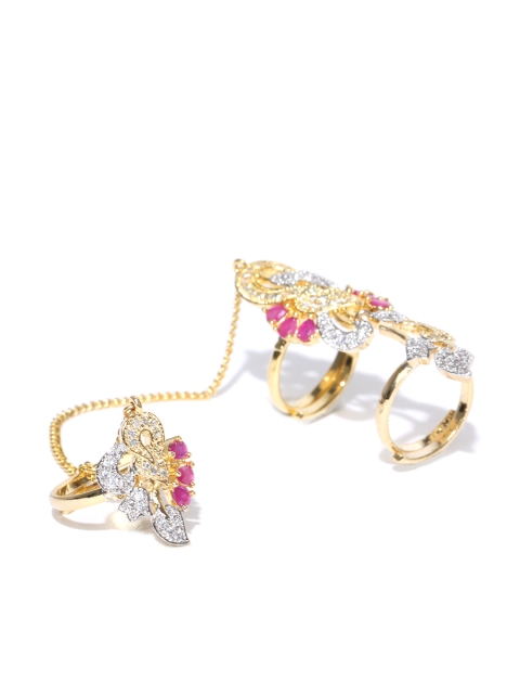 

Jewels Galaxy Gold-Toned & Pink Stone-Studded Dual-Finger Ring
