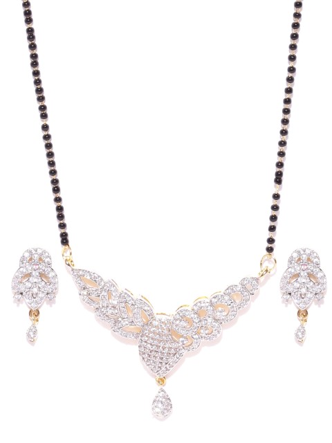 

Jewel Galaxy Black & Silver-Toned Stone-Studded Mangalsutra with Earrings Set