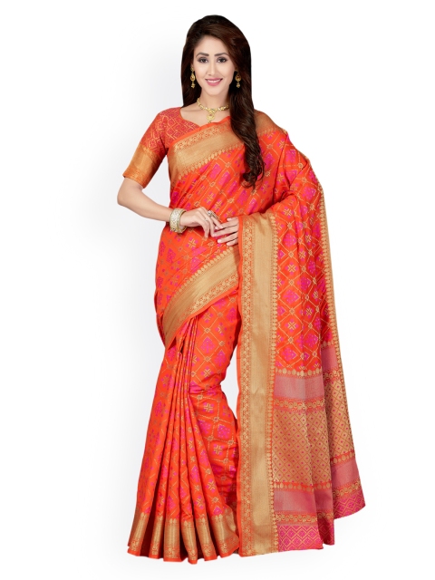 

Saree Swarg Orange Silk Blend Woven Design Banarasi Saree