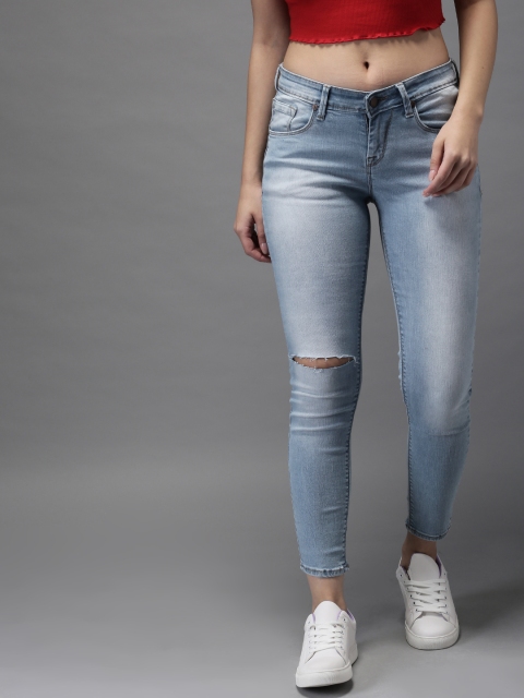 

HERE&NOW Women Blue Skinny Fit Mid-Rise Cropped Slash Knee Stretchable Jeans