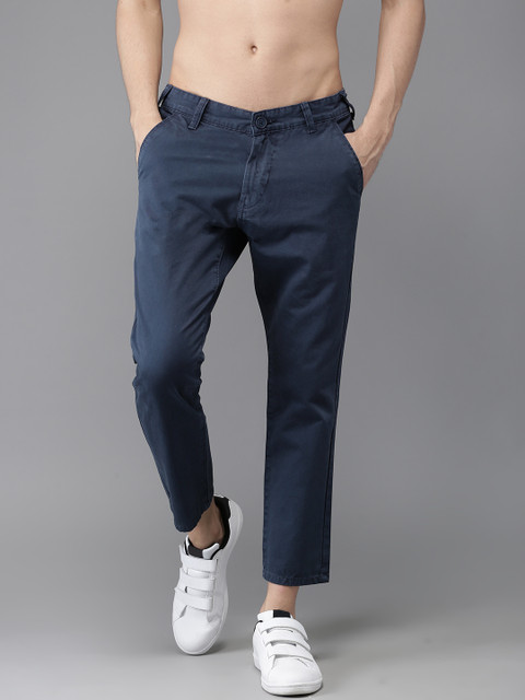 

Moda Rapido Men Navy Cropped Slim Fit Solid Chinos, Navy blue