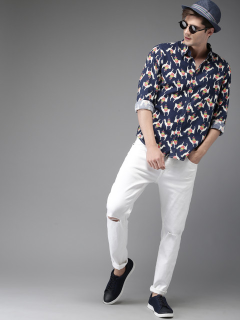 

HERE&NOW Men Navy Blue Regular Fit Printed Casual Shirt