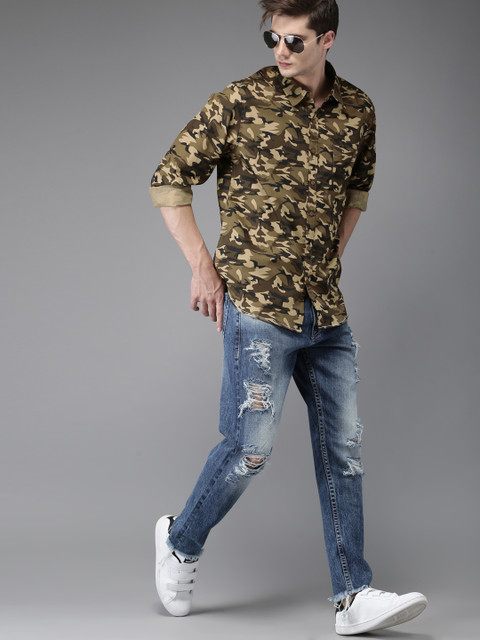 

HERE&NOW Men Olive Green & Khaki Regular Fit Printed Casual Shirt