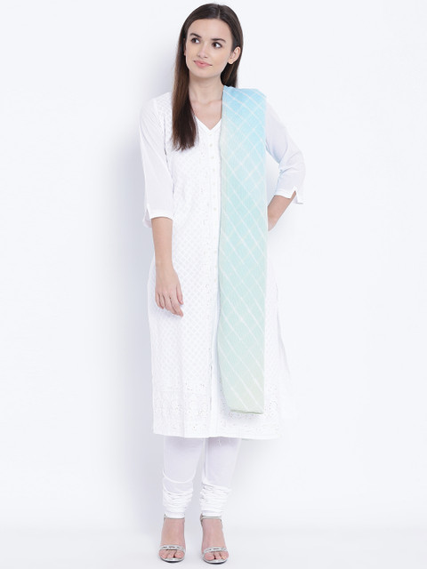 

Biba Women White Embroidered Kurta with Churidar & Dupatta
