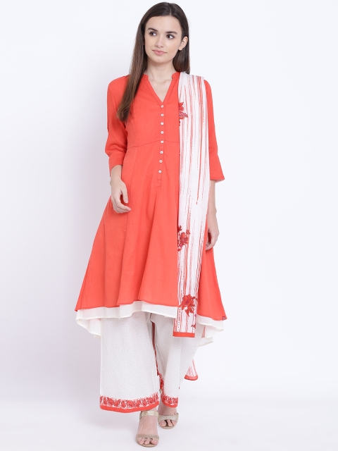 

Biba Women Coral Orange & Off-White Solid Kurta with Palazzos & Dupatta