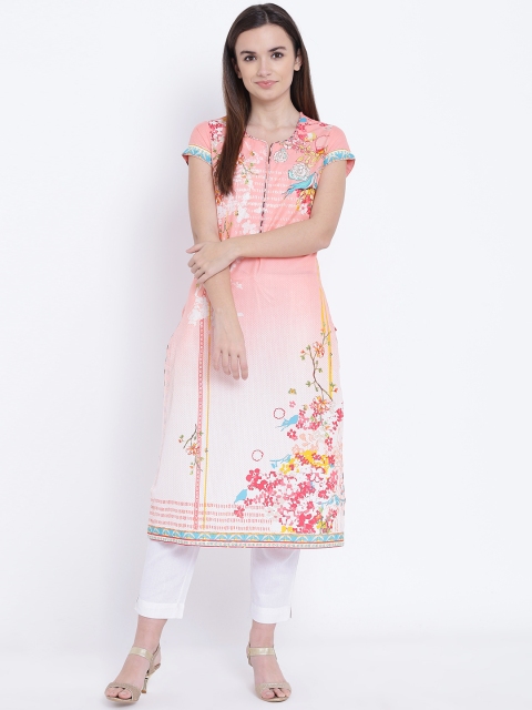 

Biba Women Peach-Coloured Floral Print Straight Kurta