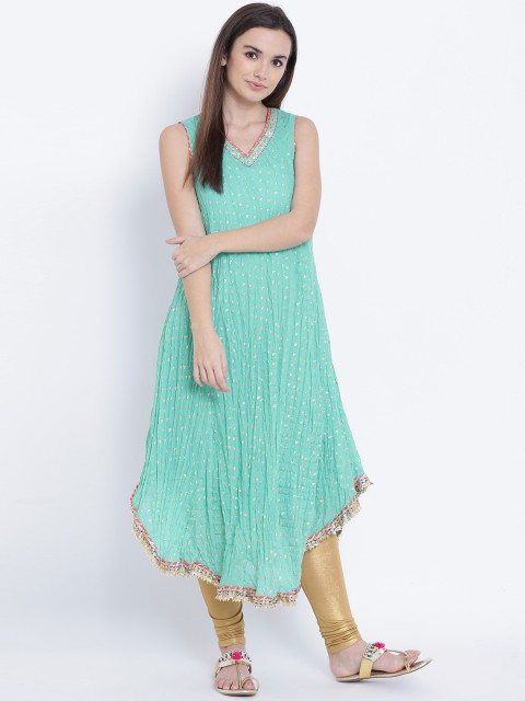 

Biba Women Blue & Golden Printed Asymmetric A-Line Kurta