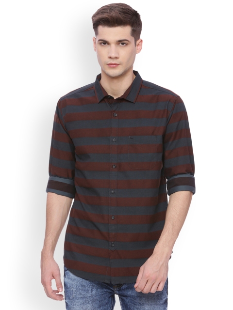 

Basics Men Brown Slim Fit Striped Casual Shirt