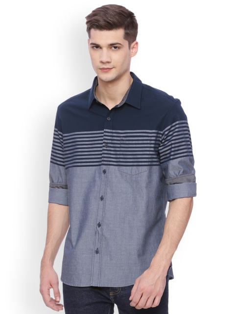 

Basics Men Navy Blue Slim Fit Striped Casual Shirt