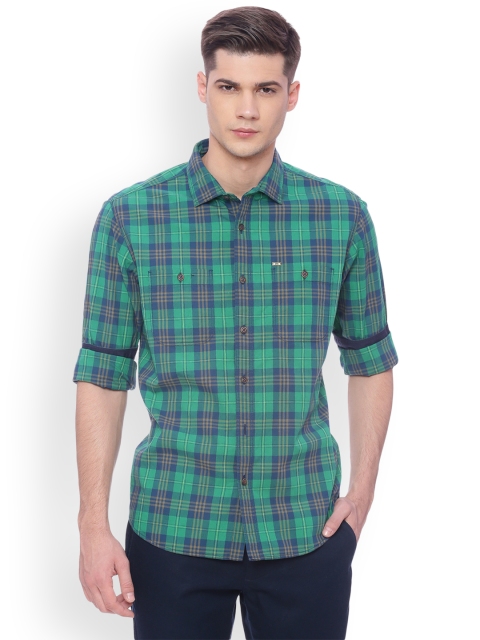 

Basics Men Green & Blue Slim Fit Checked Casual Shirt