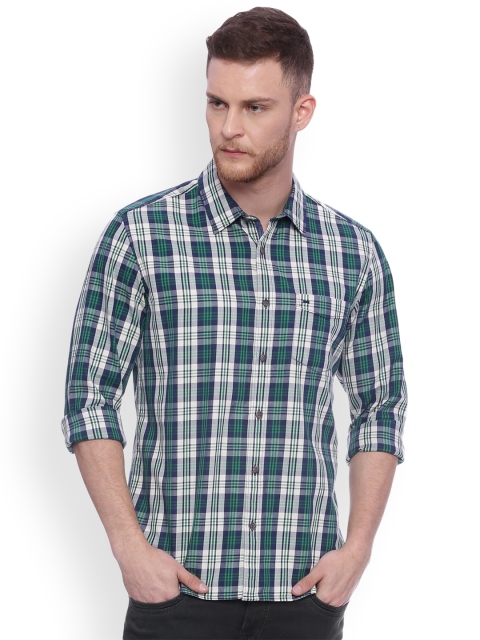 

Basics Men Green & White Slim Fit Checked Casual Shirt