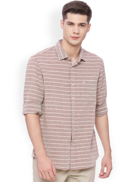 

Basics Men Khaki Brown & White Striped Slim Fit Casual Shirt