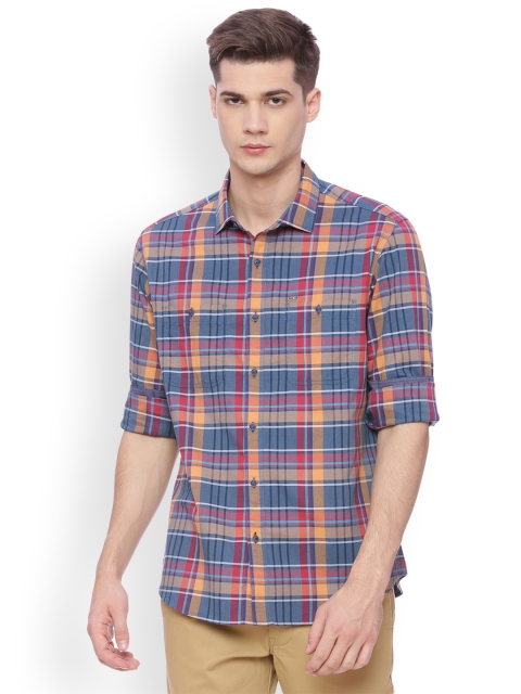 

Basics Men Orange & Blue Slim Fit Checked Casual Shirt