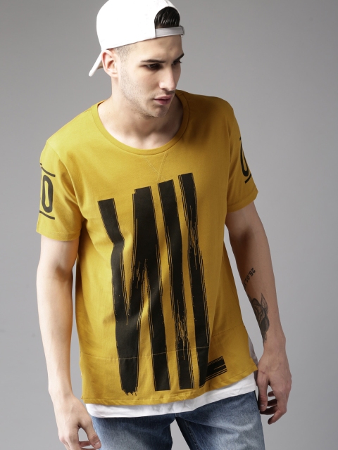

Moda Rapido Men Mustard Yellow Printed Round Neck Longline Pure Cotton T-shirt
