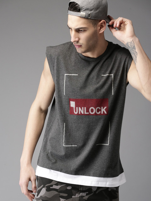 

Moda Rapido Men Charcoal Grey Printed Round Neck Sleeveless Longline T-shirt
