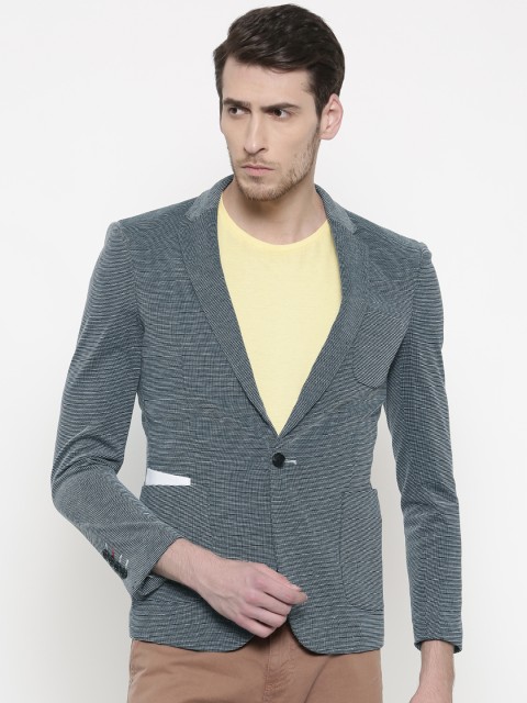 

The Indian Garage Co Men Grey & White Self-Design Slim Fit Casual Blazer, Teal