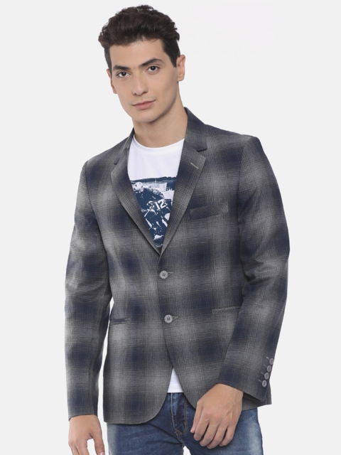 

The Indian Garage Co Navy Blue & Grey Single-Breasted Slim Fit Casual Blazer