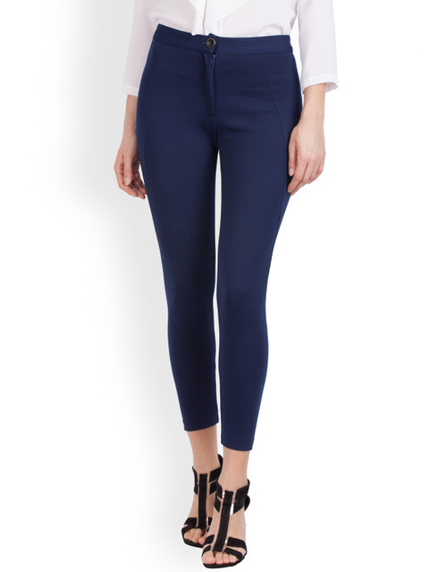 

Zink London Women Navy Blue Skinny Fit Solid Cigarette Trousers