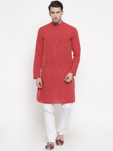 

Freehand Men Red & White Self Design Kurta with Pyjamas