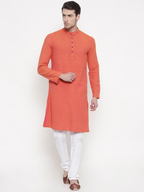 

Freehand Men Pink & White Self Design Kurta with Pyjamas