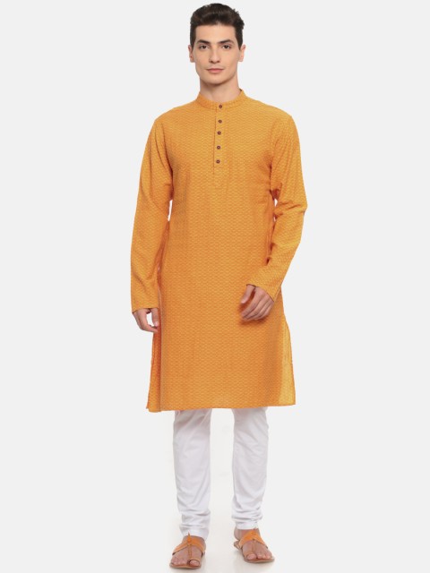 

Freehand Men Mustard Yellow & White Self-Design Kurta with Pyjamas