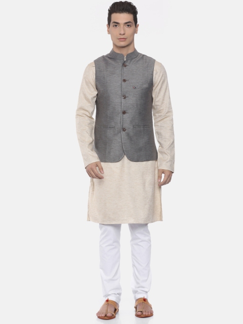 

Freehand Men Khaki & White Solid Kurta with Pyjamas & Nehru Jacket