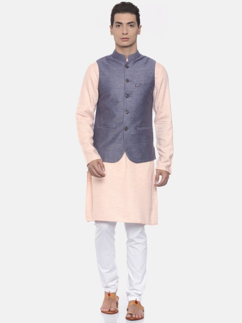 

Freehand Men Navy Blue & Peach-Coloured Solid Kurta with Pyjamas & Nehru Jacket