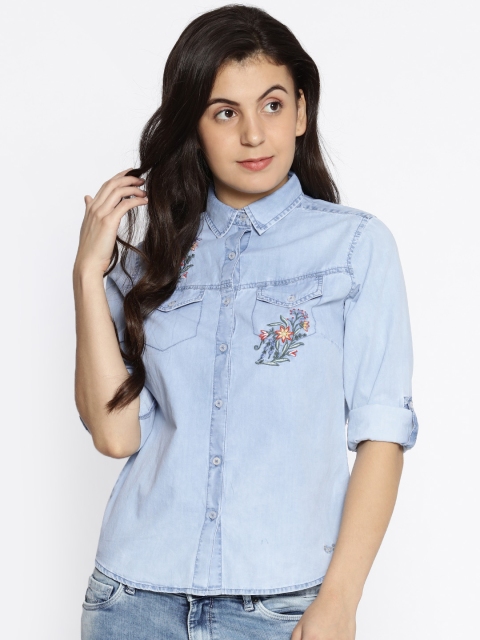 

Pepe Jeans Women Blue Regular Fit Solid Denim Casual Shirt