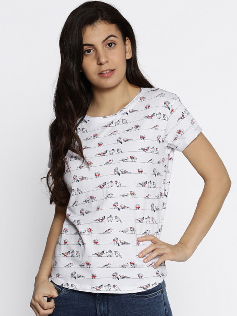 

Pepe Jeans Women White Printed Round Neck Pure Cotton T-shirt