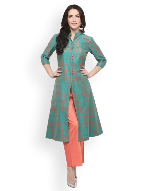 

Inddus Women Turquoise Blue Printed Kurta with Palazzos