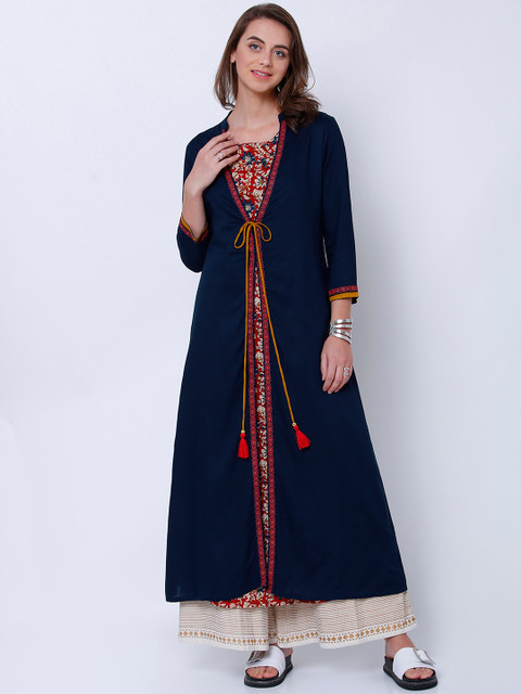 

Vishudh Women Navy Blue & Red Embroidered Anarkali Kurta With Front Open Jacket