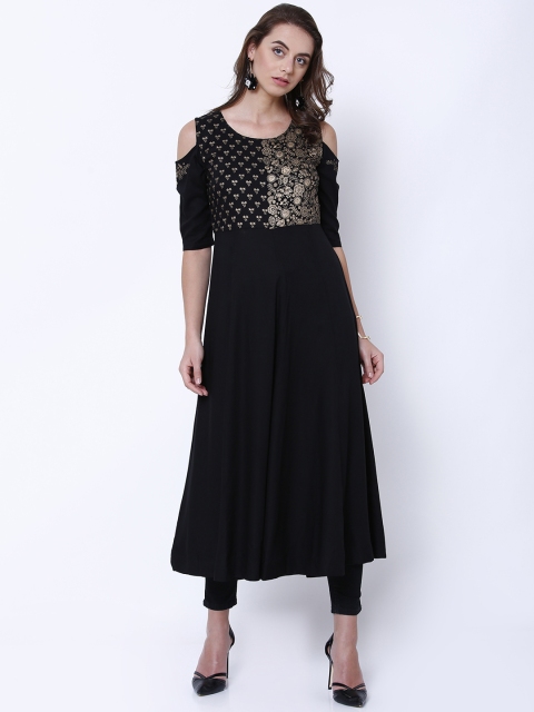 

Vishudh Women Black & Gold-Toned Woven Design Anarkali Kurta