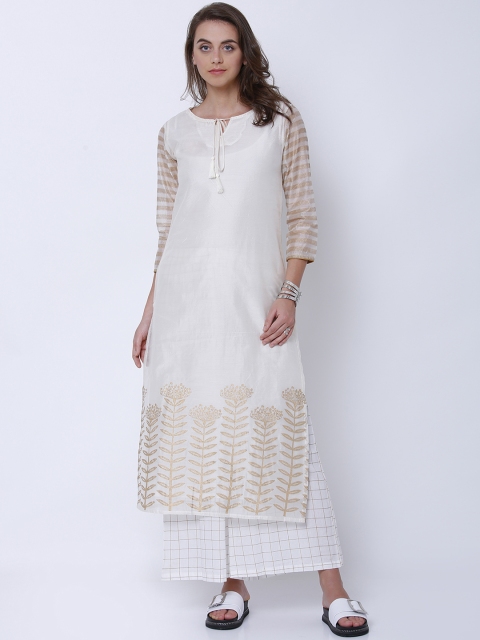 

Vishudh Women Cream-Coloured & Gold-Toned Woven Design Straight Kurta