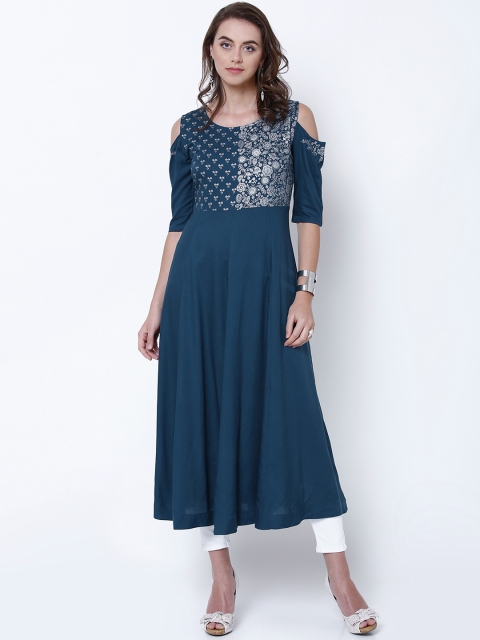 

Vishudh Women Teal & Silver-Toned Solid Anarkali Kurta