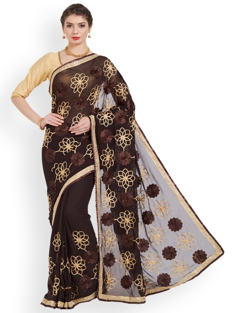 

Kvsfab Brown & Gold-Toned Pure Georgette Embellished Saree