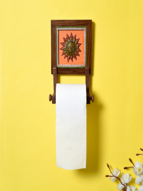 

Unravel India Brown Solid Wooden Dokhra Work Wall Roll Holder Set