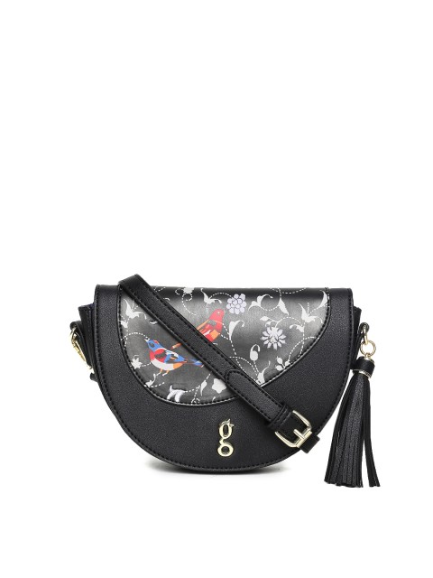 

Global Desi Black Tasselled Printed Sling Bag