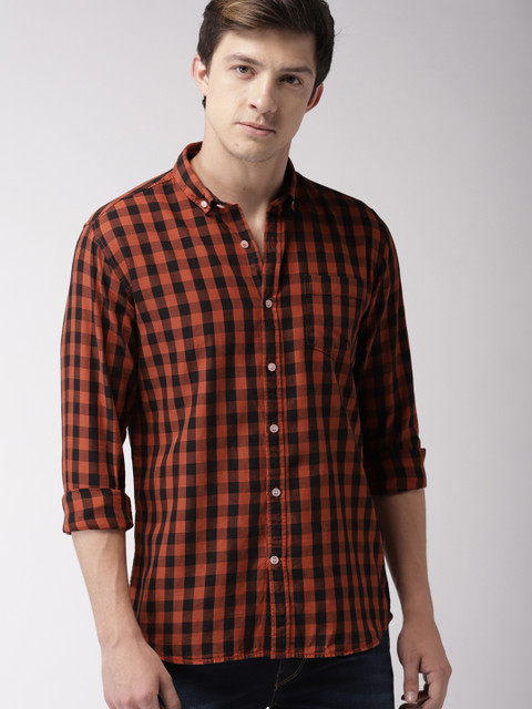 

Mast & Harbour Men Rust Orange & Black Slim Fit Checked Casual Shirt