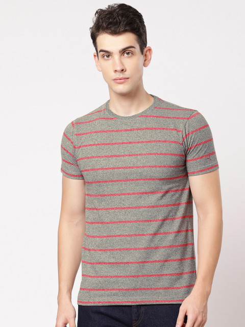 

ether Men Grey & Red Striped Round Neck T-shirt