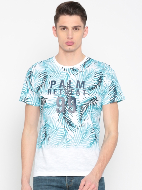 

Parx Men White & Blue Printed Round Neck T-shirt