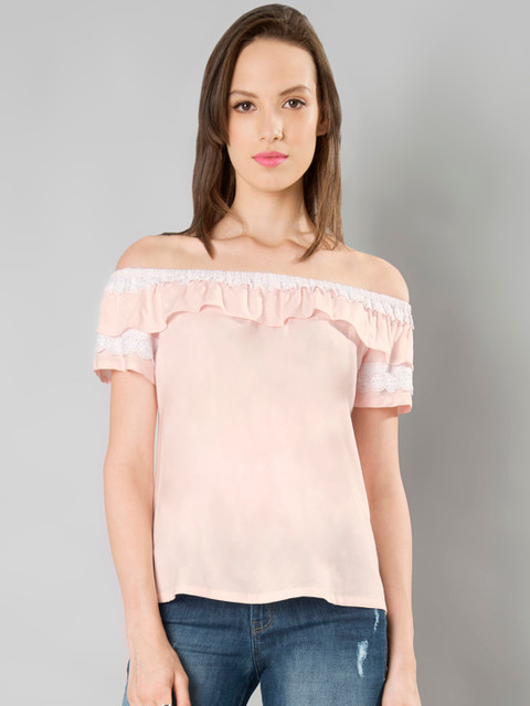 

FabAlley Women Peach-Coloured Solid Bardot Top
