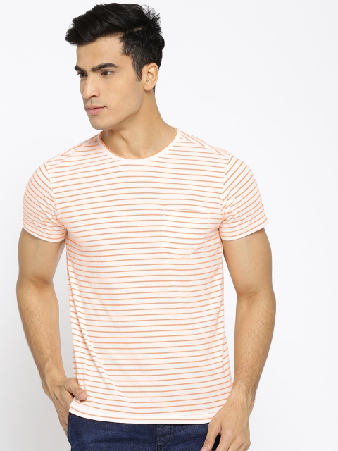 

Solly Jeans Co. Men Off-White & Neon Orange Striped Round Neck T-shirt