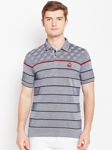 

Monte Carlo Men Grey & Navy Striped Polo Collar T-shirt